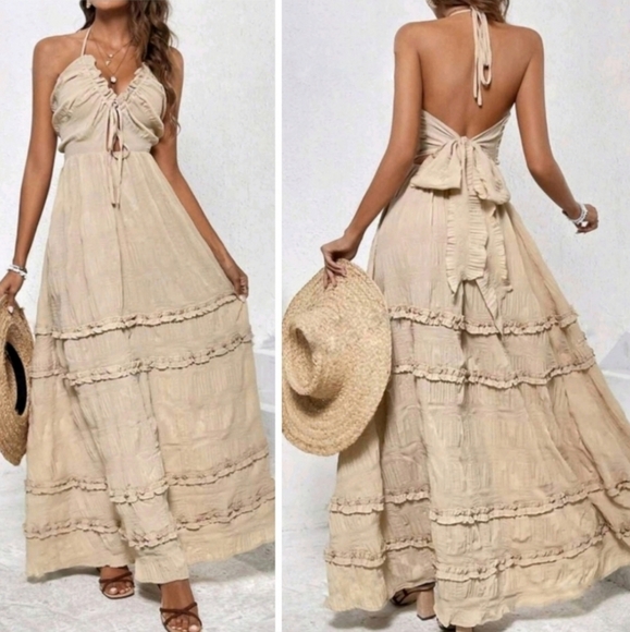NWOT Boho Tie Back Ruffle Tiered Maxi Dress - Picture 1 of 7